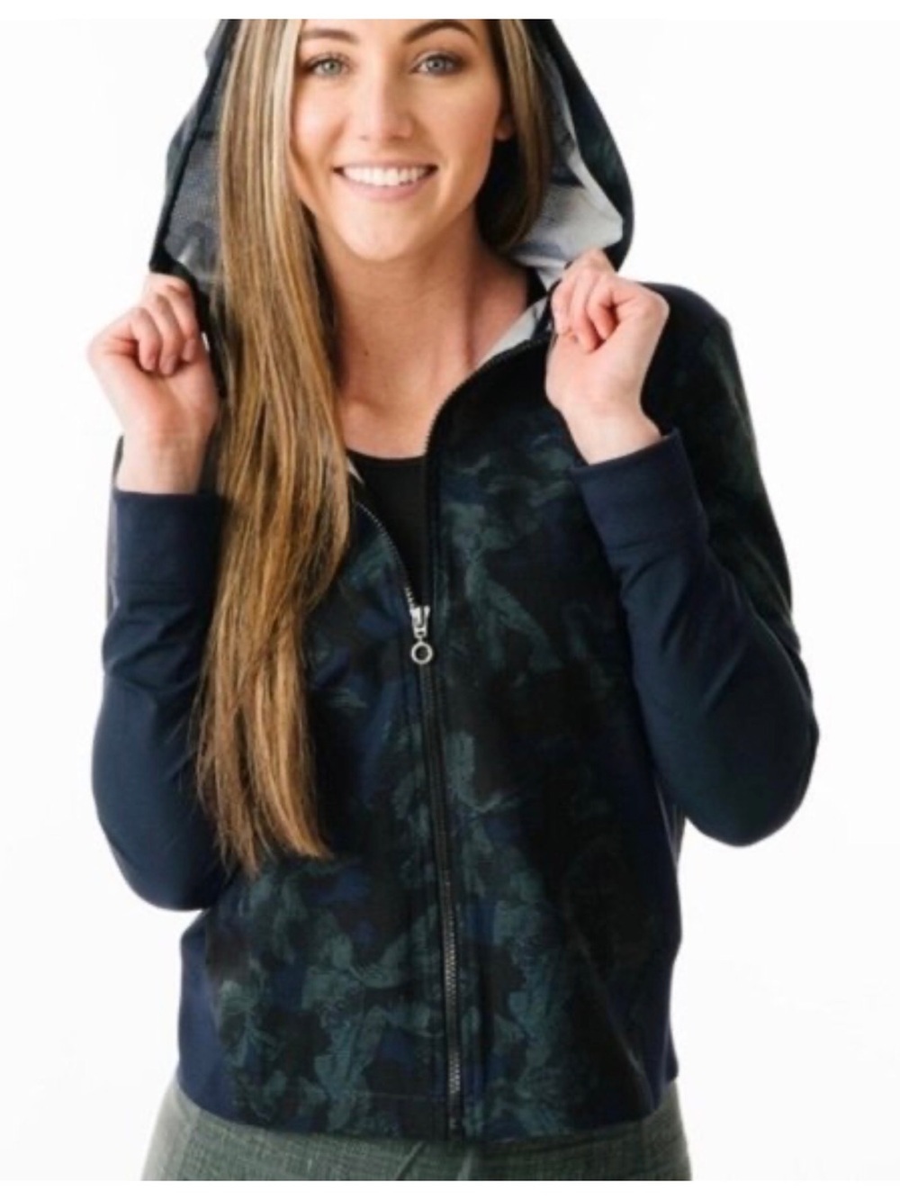 ZYIA Blue & Green Floral Print Zip Hoodie Bomber Jacket Size XXL